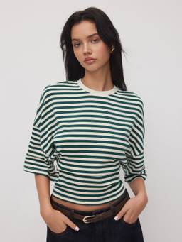 Cider - Cotton Blend Women Striped Round Neck Cinched Waist Top Green