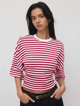 Cider - Cotton Blend Women Striped Cinched Waist Tee White & Red