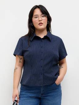 Cider - Collar Stripe Women's Regular Fit Short Sleeve Shirt Dark Denim