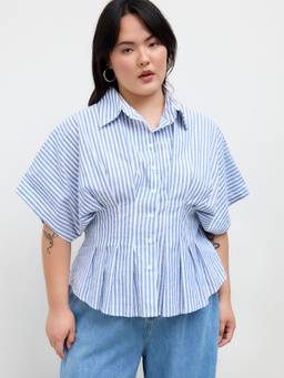 Cider - Stripe Pleated Women's Cinched Waist Button-Down Shirt Blue