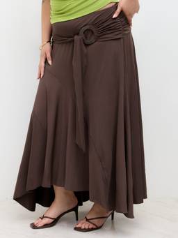 Cider - Ruffle Hem Women Ruched Mid-Waist Maxi Skirt Coffee