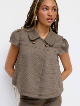 Cider - Houndstooth Women's Peter Pan Collar Oversized Blouse Brown