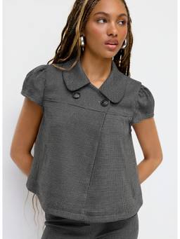 Cider - Houndstooth Women's Peter Pan Collar Button Blouse Dark Grey