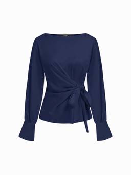 Cider - Satin Women's Boat Neck Twist Knot Blouse Navy Blue