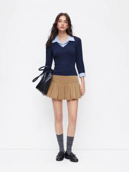 Cider - Two Tone Women's Striped Collar V-Neck Crop Top Navy Blue