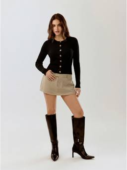 Cider - Knit Metal Button Women's Ribbed Round Neck Top Black