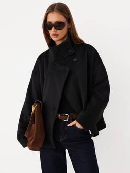 Cider - Wool-Look Women Funnel Neck Oversized Jacket Black