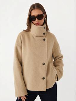 Cider - Wool-look Women's Funnel Neck Oversized Jacket Khaki