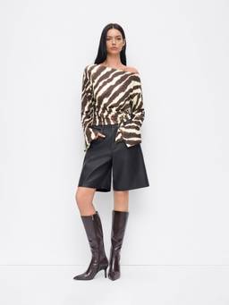 Cider - Zebra Striped Women's Belted Bell Sleeve Top Brown