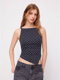 Cider - Polka Dot Women’s Ruched Asymmetrical Hem Tank Top Navy Blue