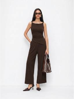 Cider - Ruched Women's Asymmetrical Hem Wide-Leg Jumpsuit Coffee
