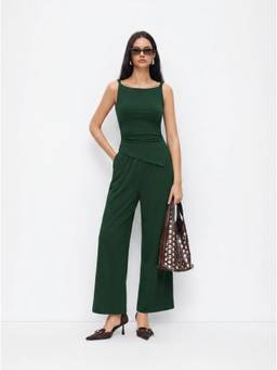 Cider - Ruched Women's Boat Neck Asymmetrical Hem Wide-Leg Jumpsuit Green