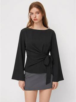 Cider - Boat Neck Women Knotted Bell Sleeve Blouse Black