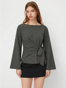 Cider - Stripe Knotted Women's Boat Neck Bell Sleeve Blouse Grey