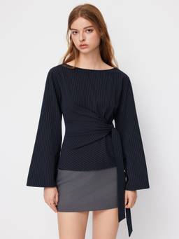 Cider - Stripe Knotted Women Boat Neck Bell Sleeve Blouse Navy Blue