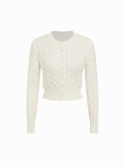 Cider - Cable Knit Women Button-Up Round Neck Cardigan Cream
