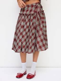 Cider - Tartan Women's Knotted Lettuce Trim Midi Skirt Burgundy