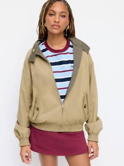 Cider - Reversible Women’s Stand Collar Houndstooth Bomber Jacket Khaki