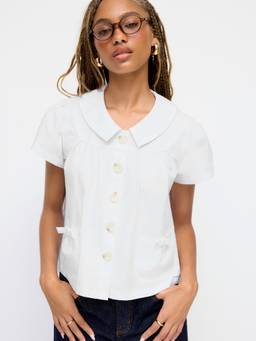 Cider - Cotton Blend Women's Peter Pan Collar Button Oversized Blouse White