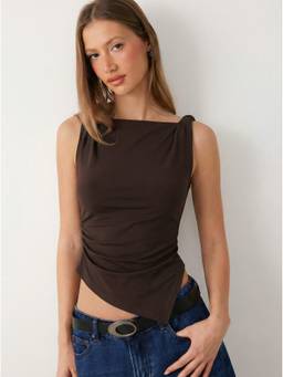 Cider - Asymmetrical Hem Women's Ruched Boat Neck Tank Top Brown