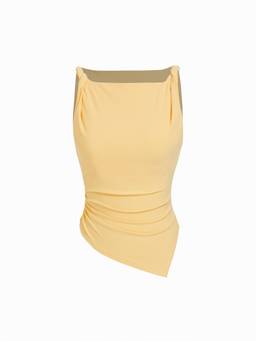Cider - Ruched Women's Boat Neck Asymmetrical Hem Tank Top Yellow