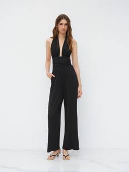 Cider - Women's Ruched Halter Neck Wide Leg Jumpsuit Black