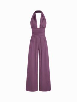 Cider - Women's Ruched Wide-Leg V-Neck Jumpsuit Purple
