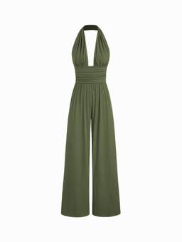 Cider - Ruched Women's V-Neck Wide-Leg Jumpsuit Green