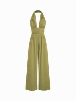 Cider - Women's Ruched V-Neck Wide Leg Jumpsuit Light Green