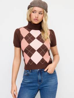 Cider - Knit Argyle Women’s High Neck Short Sleeve Sweater Wine