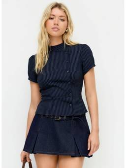 Cider - Pinstripe Women's Stand Collar Tie-Back Button Blouse Navy Blue