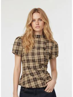 Cider - Plaid Women's Puff Sleeve Stand Collar Tie-Back Blouse Tan