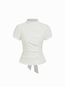Cider - Plaid Women's Stand Collar Puff Sleeve Tie-Back Blouse White