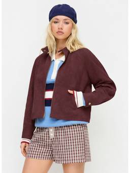 Cider - Suede Women's Zip-Through Stand Collar Oversized Jacket Burgundy