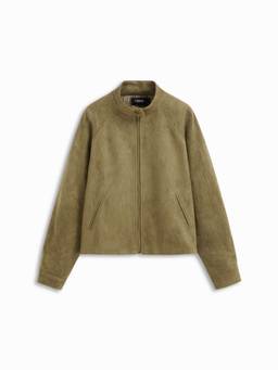 Cider - Suede Women's Zip-Through Stand Collar Oversized Jacket Olive