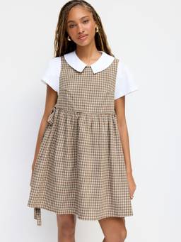 Cider - Tartan Women's Tie-Up Ruffle Hem Mini Dress Khaki