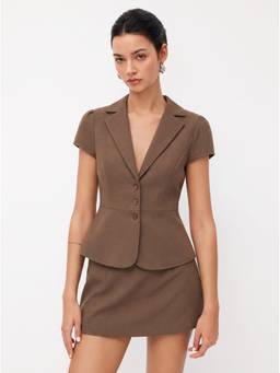Cider - Linen-Blend Women's Regular Fit Collared Short Sleeve Blazer Coffee