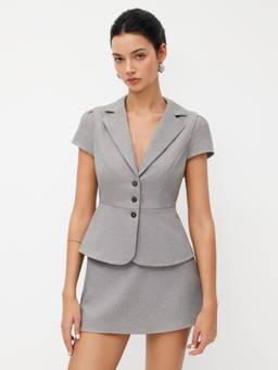 Cider - Linen-Blend Women's Collared Short Sleeve Blazer Grey