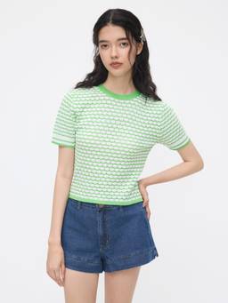 Cider - Knit Women's Geometric Hollow Out Top Green