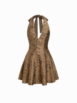 Cider - Jacquard Women's Halter V-Neck Lace-Up Backless Mini Dress Brown
