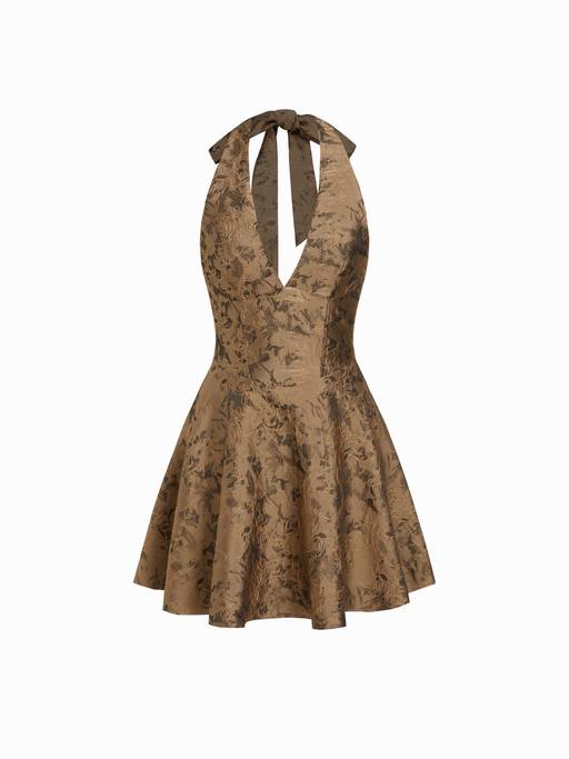 Buy Cider Jacquard Women's Halter V-Neck Lace-Up Backless Mini Dress Brown (XXS) Online