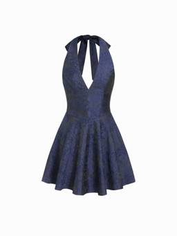 Cider - Jacquard Women's Halter V-Neck Lace-Up Mini Dress Navy Blue