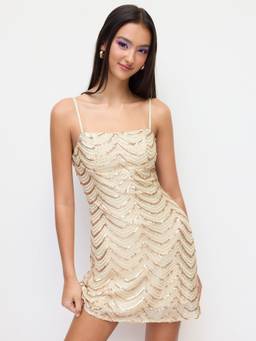 Cider - Sequin Abstract Wave Women’s Square Neck Cami Mini Dress Gold