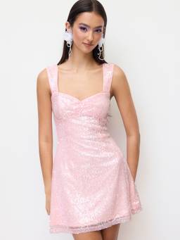 Cider - Sequin Women's Sweetheart Neck Zip Detail Mini Dress Pink