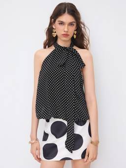 Cider - Chiffon Women's Polka Dot Halter Neck Oversized Blouse Black