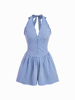 Cider - Gingham Women's Halter Neck Shirred Playsuit Navy Blue