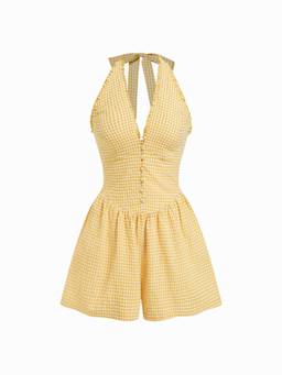 Cider - Gingham Women's Halter Neck Shirred Romper Yellow
