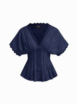 Cider - Broderie Anglaise Women's V-Neck Pleated Shirred Blouse Navy Blue