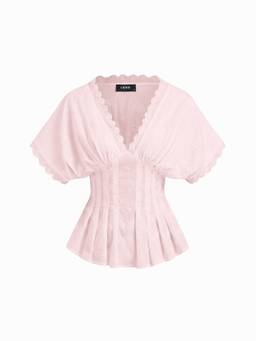 Cider - Broderie Anglaise Women's V-Neck Pleated Shirred Blouse Pink