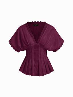 Cider - Broderie Anglaise Women's V-Neck Pleated Shirred Blouse Wine